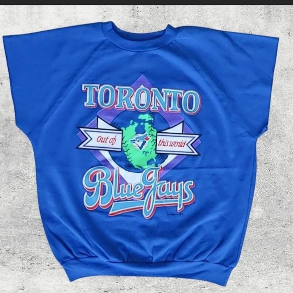 Vtg 1990 Toronto Blue Jays Cropped Sweatshirt XL Short Sleeve 90s MLB Blue